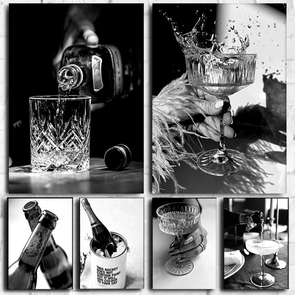 Whisky Beer And Wine - （2D Canvas painting）Black and white bar
